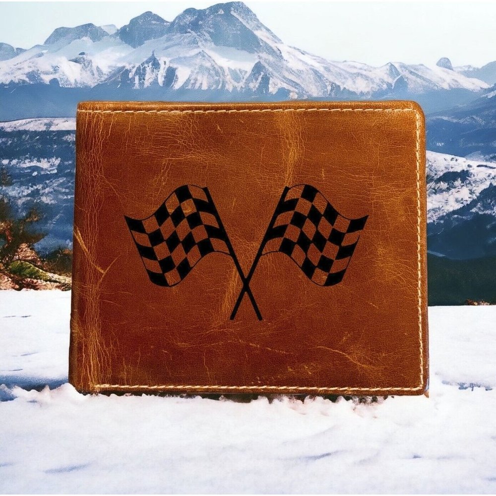 Checkered Flags Leather Wallet Bifold Race 100% Genuine Buffalo Premium Quality